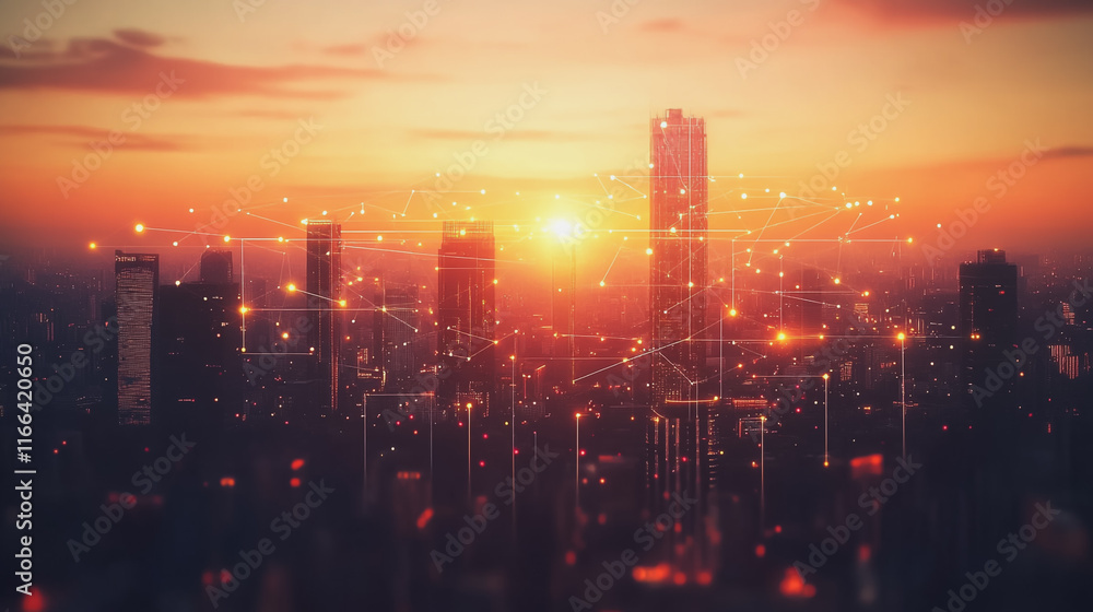 Fototapeta premium Smart Innovation city with connection cyber security network reciprocity over the sunset cityscape future wireless digital city and social media networking systems that connects people in the city