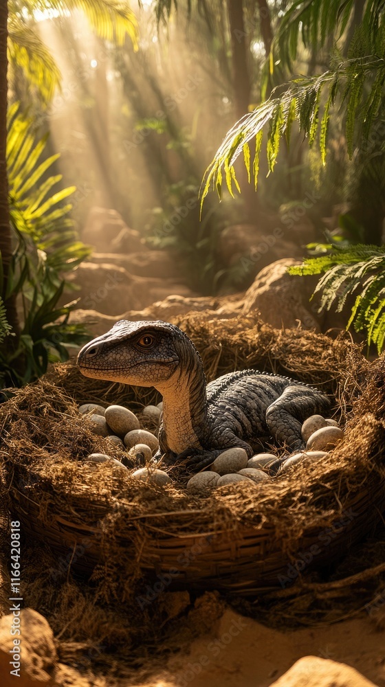 Naklejka premium A dinosaur hatching in a nest surrounded by eggs in a lush, prehistoric environment.