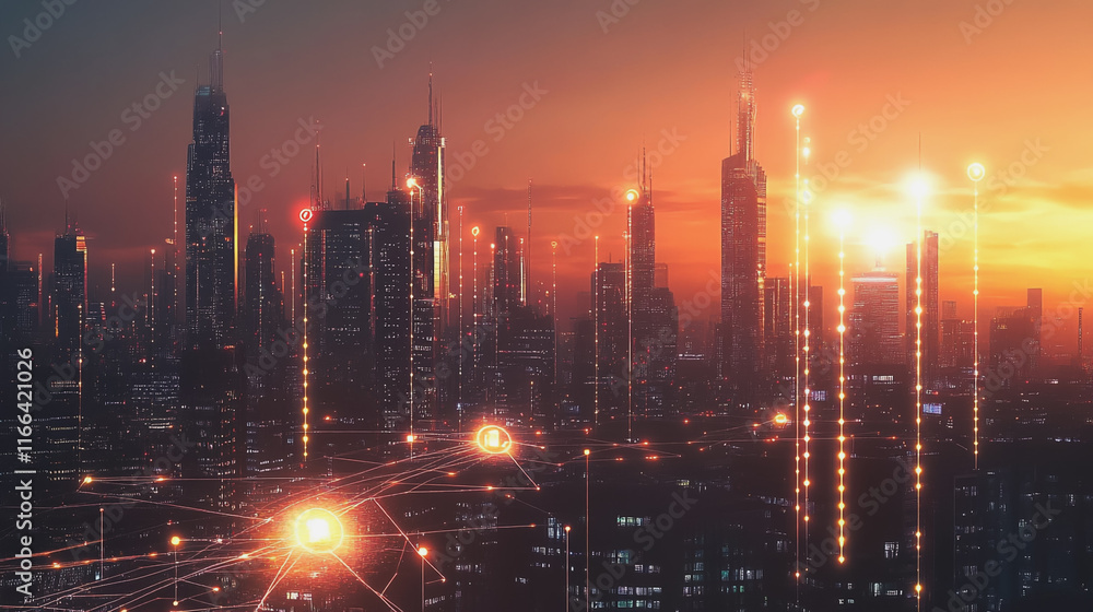 Obraz premium Smart Innovation city with connection cyber security network reciprocity over the sunset cityscape future wireless digital city and social media networking systems that connects people in the city