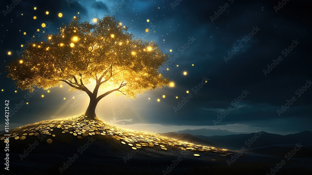 Illuminated tree in a mystical dark landscape. Illuminated tree in a mystical dark landscape.