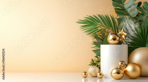 Tropical Christmas: Gold ornaments & palm leaves on beige backdrop. Festive cheer!