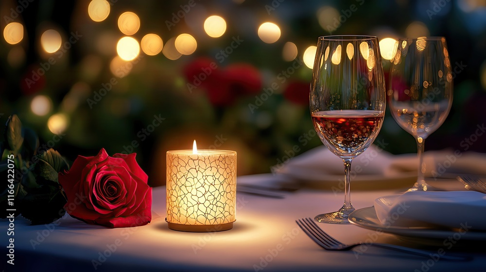 Romantic candlelit dinner setting with rose. Romantic candlelit dinner setting with rose.