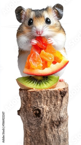 A cute hamster enjoying a colorful fruit snack on a wooden stump. photo