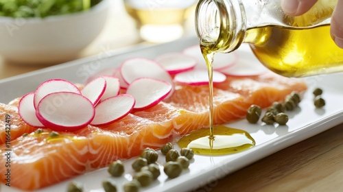 Fresh salmon with olive oil and radishes culinary delight kitchen gourmet presentation close-up flavorful meal photo