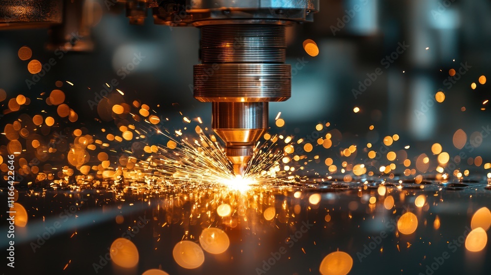 Laser cutting process with sparks and machinery. Laser cutting process with sparks and machinery.
