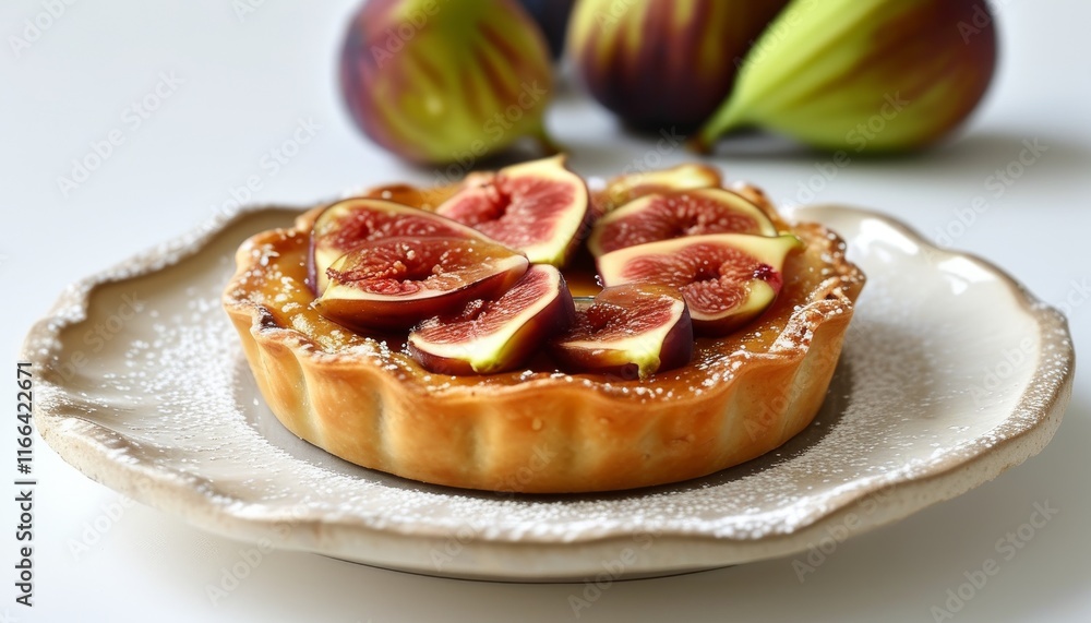 Delicious Fresh Fig Tart on a Rustic Plate with Figs in the Background Delicious Fresh Fig Tart on a Rustic Plate with Figs in the Background