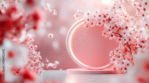 Delicate pink cherry blossoms frame a soft pink background, creating a serene and elegant scene.