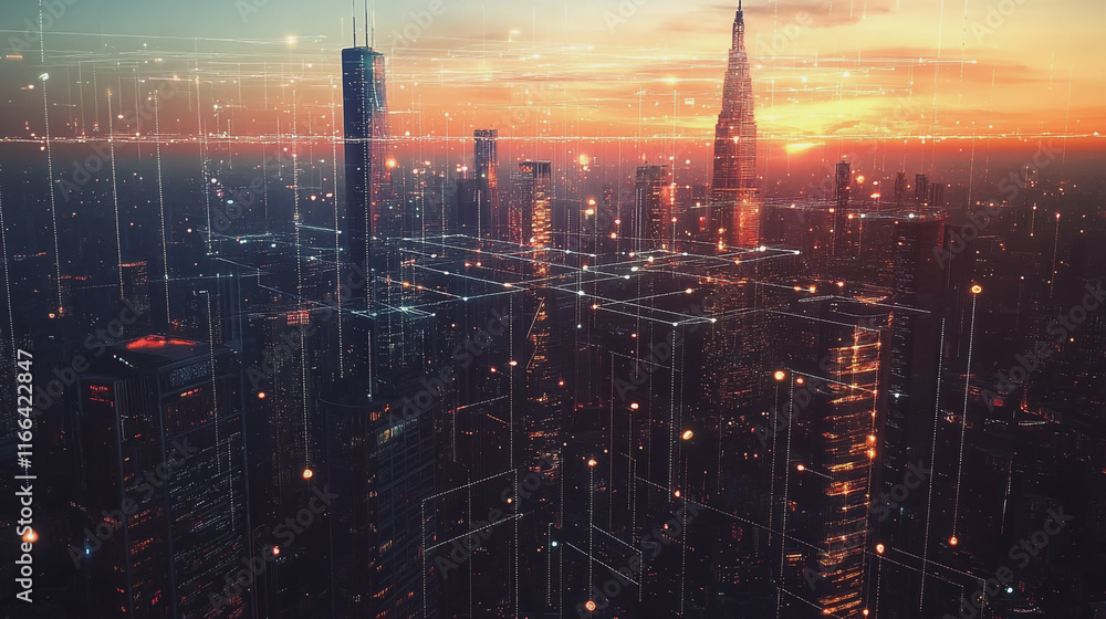 Fototapeta premium Smart Innovation city with connection cyber security network reciprocity over the sunset cityscape future wireless digital city and social media networking systems that connects people in the city