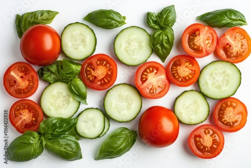 Sliced tomatoes, cucumbers & basil leaves arranged attractively. Perfect for healthy eating, salad, or summer recipes.