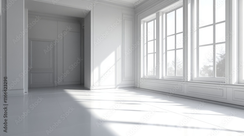 Sunlit empty white room with large windows and door. Sunlit empty white room with large windows and door.