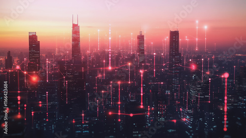 Wallpaper Mural Smart Innovation city with connection cyber security network reciprocity over the sunset cityscape future wireless digital city and social media networking systems that connects people in the city Torontodigital.ca