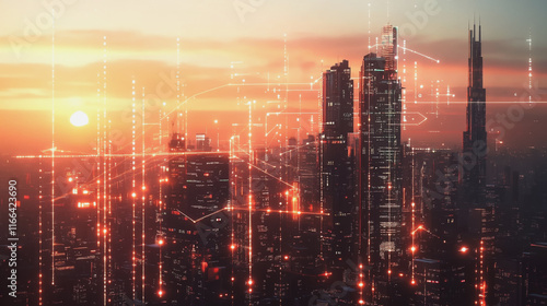 Wallpaper Mural Smart Innovation city with connection cyber security network reciprocity over the sunset cityscape future wireless digital city and social media networking systems that connects people in the city Torontodigital.ca