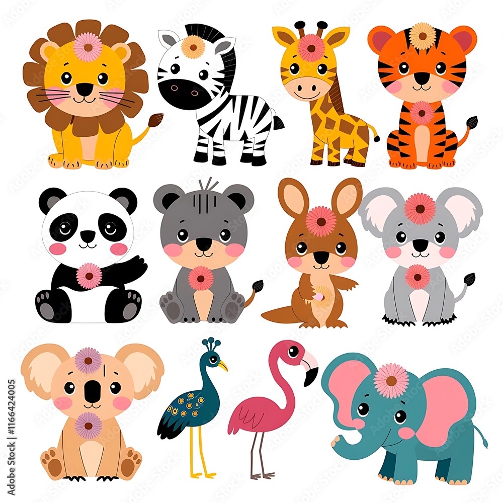 Obraz premium Set of ten sweet exotic animals with flowers, vibrant vector illustrations, medium eyes, white background.