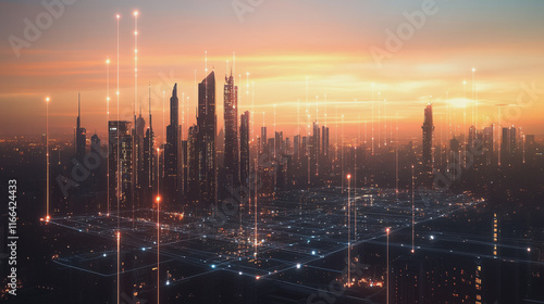 Wallpaper Mural Smart Innovation city with connection cyber security network reciprocity over the sunset cityscape future wireless digital city and social media networking systems that connects people in the city Torontodigital.ca