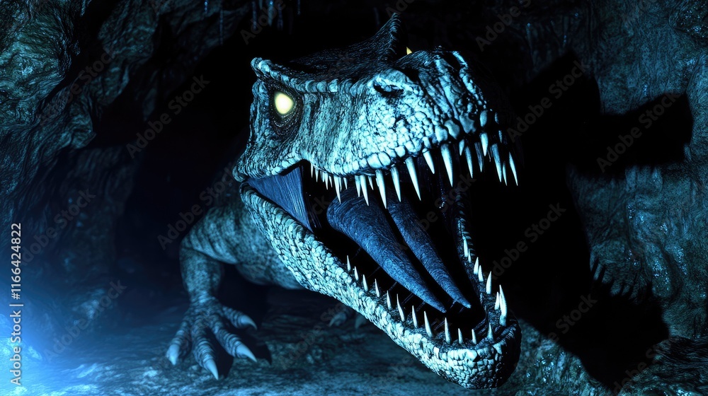 A menacing dinosaur lurking in a dark cave, illuminated by a faint light. A menacing dinosaur lurking in a dark cave, illuminated by a faint light.