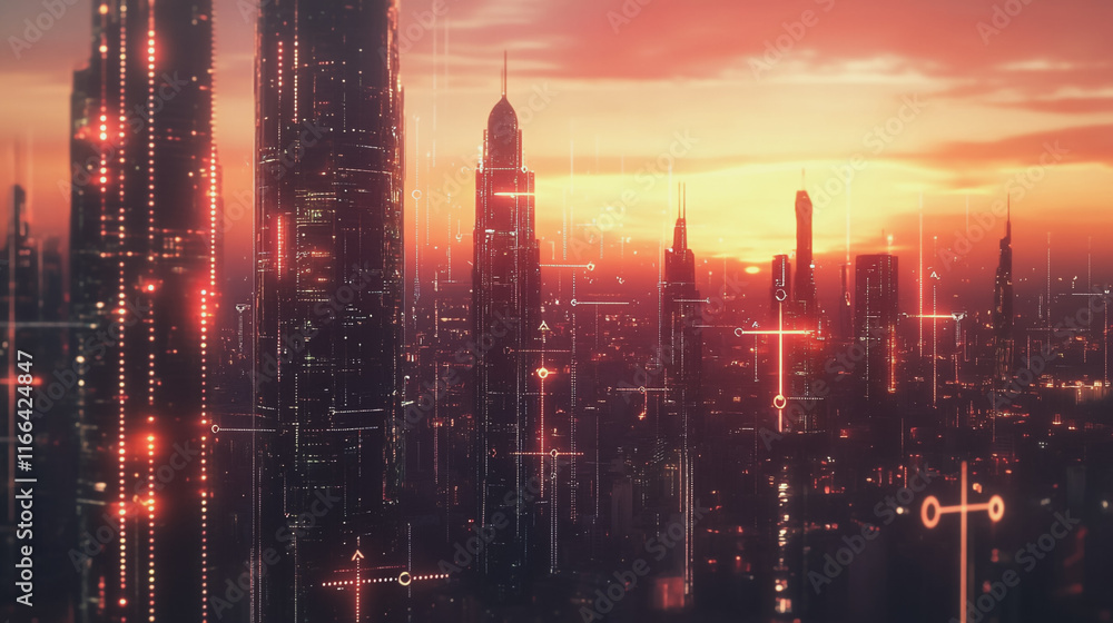 Fototapeta premium Smart Innovation city with connection cyber security network reciprocity over the sunset cityscape future wireless digital city and social media networking systems that connects people in the city