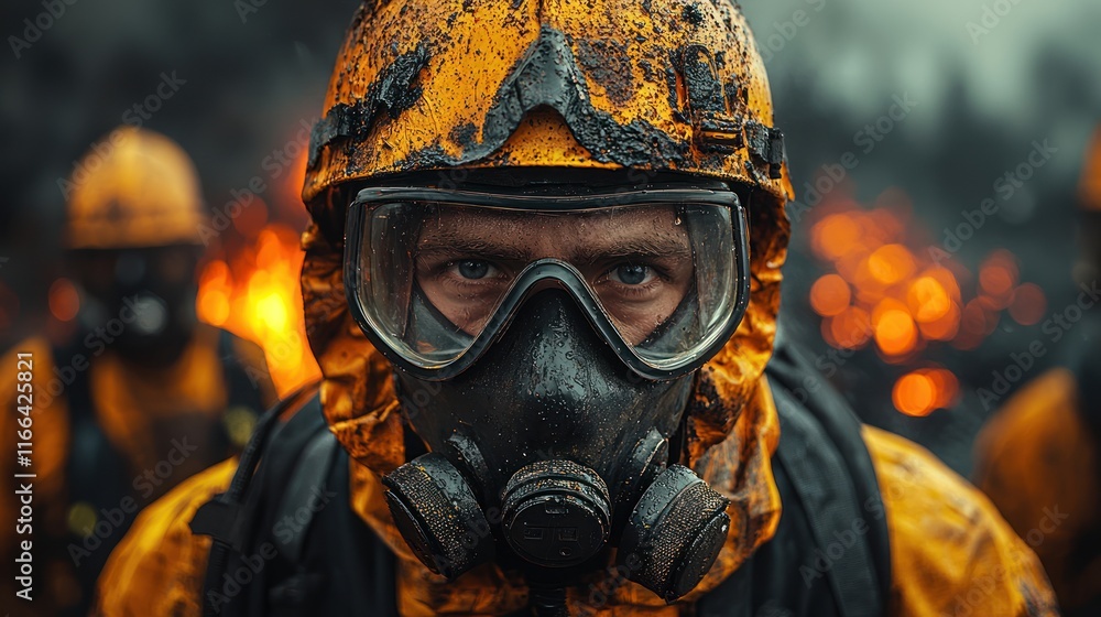 Firefighter in protective gear amidst flames. Firefighter in protective gear amidst flames.