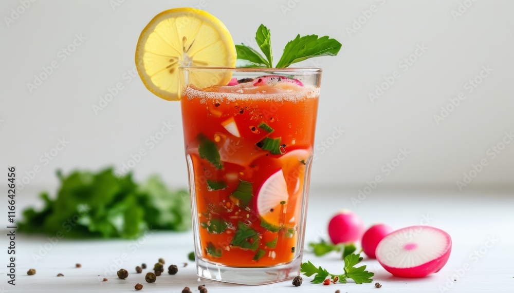 Fresh Tangy Drink with Lemon Slice and Herbs in a Glass with Radishes and Green Garnish Fresh Tangy Drink with Lemon Slice and Herbs in a Glass with Radishes and Green Garnish