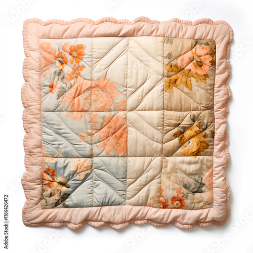 Floral Quilted Blanket Peach Scalloped Border Vintage Style photo