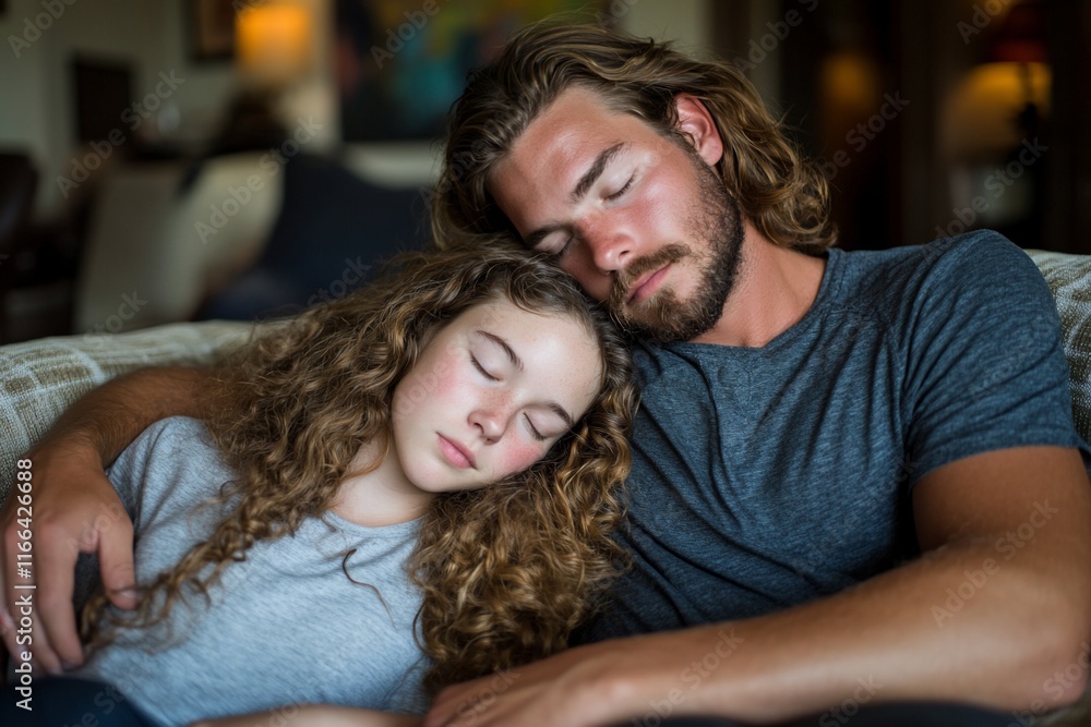 Couple sleeping on sofa at home, peaceful rest Couple sleeping on sofa at home, peaceful rest