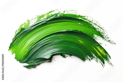 one green brush strokes isolated on a white background, one curve shape, with an oil paint texture, in a flat lay composition
