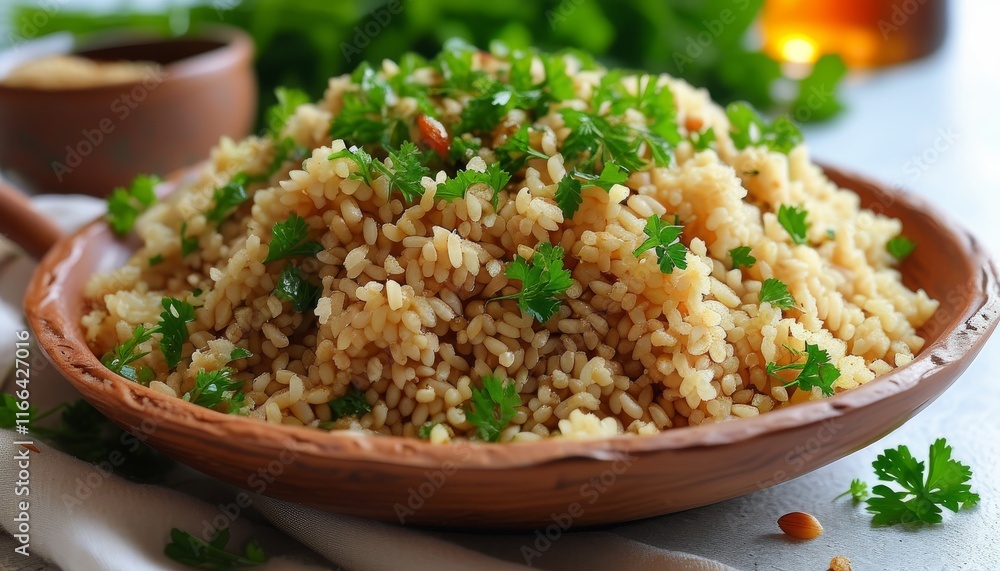 Layered Bulgur Pilav with Fresh Herbs and Nuts in a Rustic Serving Dish Layered Bulgur Pilav with Fresh Herbs and Nuts in a Rustic Serving Dish
