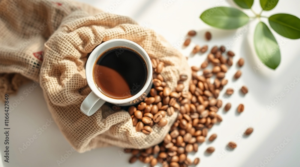 Obraz premium Freshly Brewed Coffee in a White Mug Surrounded by Coffee Beans and Natural Textiles