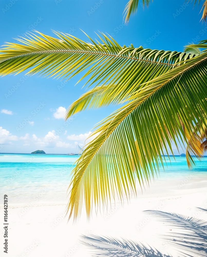 Fototapeta premium Tropical Paradise with Palm Tree Fronds Overlooking Serene Beach and Crystal Clear Water