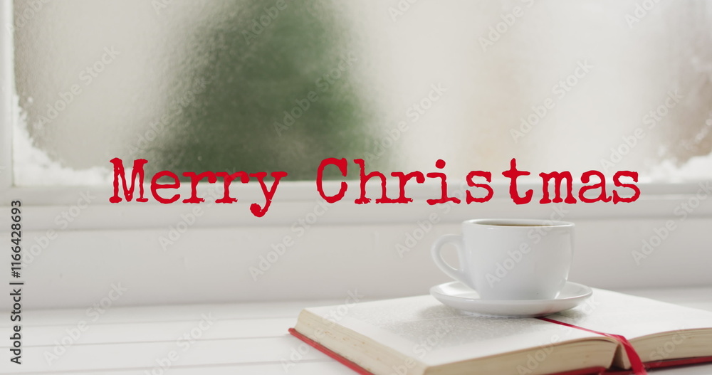 Obraz premium Image of christmas greetings text over open book and cup