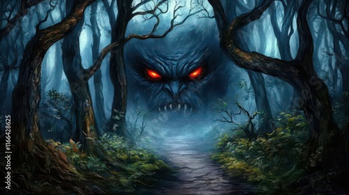 Mysterious Forest with Ominous Creature Face photo