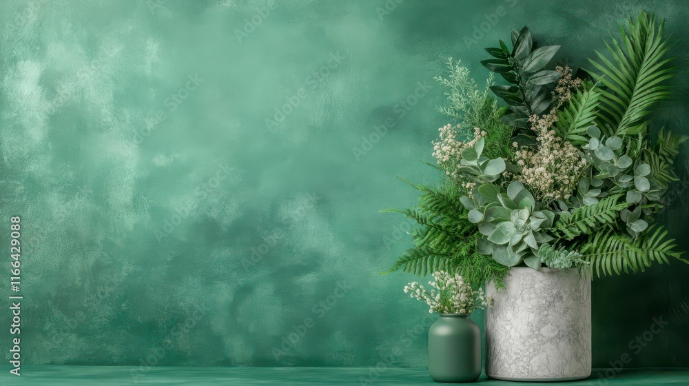 Fototapeta premium Lush Greenery in Elegant Pots Against a Deep Green Wall