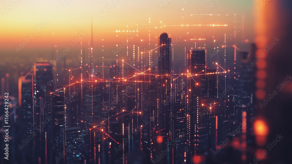 Fototapeta premium Smart Innovation city with connection cyber security network reciprocity over the sunset cityscape future wireless digital city and social media networking systems that connects people in the city