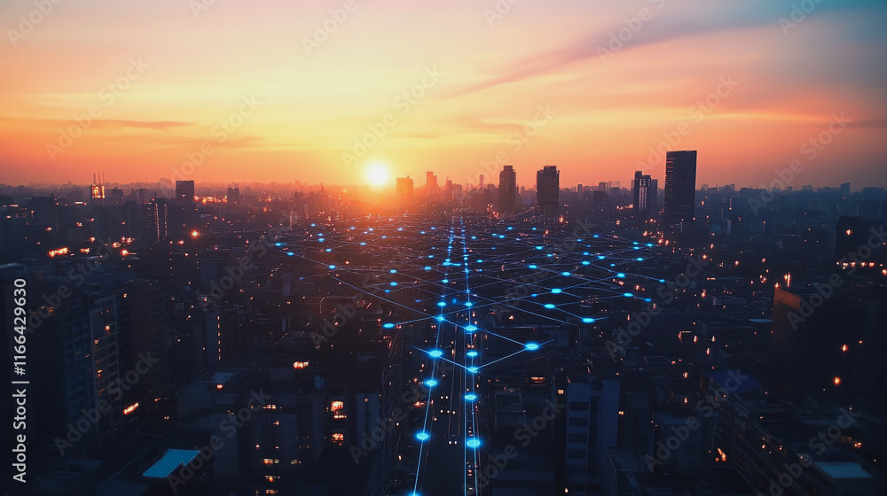 Obraz premium Smart Innovation city with connection cyber security network reciprocity over the sunset cityscape future wireless digital city and social media networking systems that connects people in the city