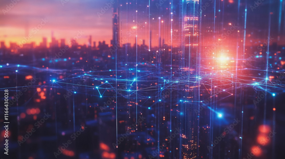 Obraz premium Smart Innovation city with connection cyber security network reciprocity over the sunset cityscape future wireless digital city and social media networking systems that connects people in the city