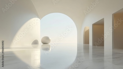 Minimalist white interior with arches, sphere, and reflective floor.
