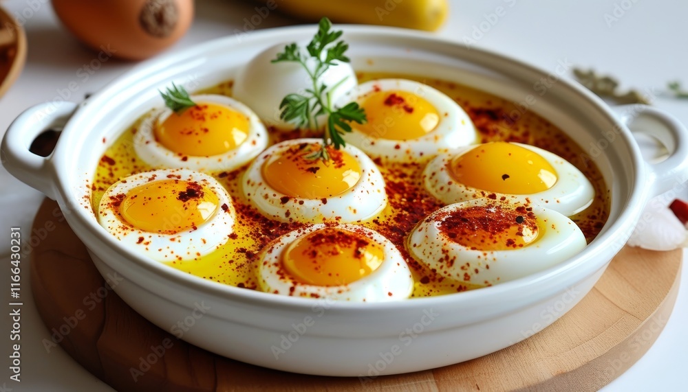 Freshly Boiled Eggs with Spices and Herbs in a White Serving Dish on Wooden Board Freshly Boiled Eggs with Spices and Herbs in a White Serving Dish on Wooden Board