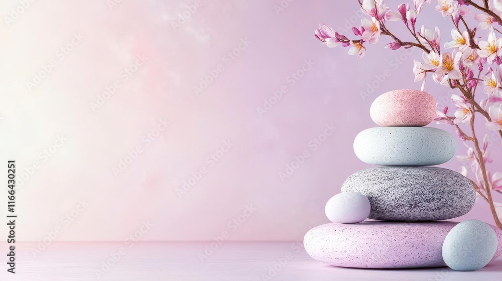 Serene pastel stones stacked, delicate blossoms nearby, peaceful scene. Serene pastel stones stacked, delicate blossoms nearby, peaceful scene.