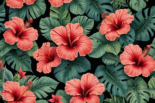 Wallpaper Mural tropical seamless background with red hibise flowers and green leaves Torontodigital.ca
