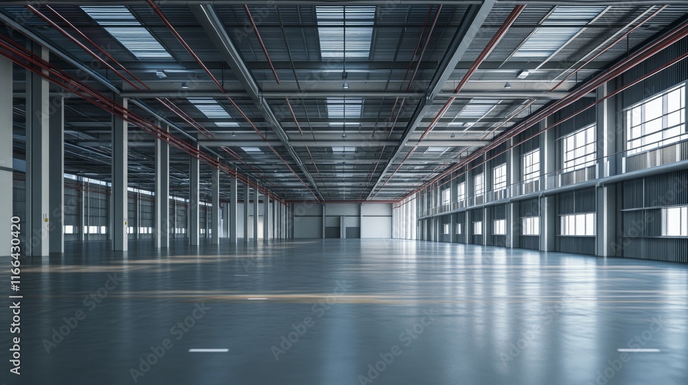 Vast empty industrial warehouse interior. Vast empty industrial warehouse interior.