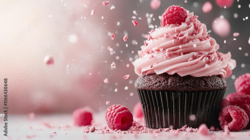 Pink cupcake with raspberries, chocolate chips, and blackberries. Delicious! Pink cupcake with raspberries, chocolate chips, and blackberries. Delicious!