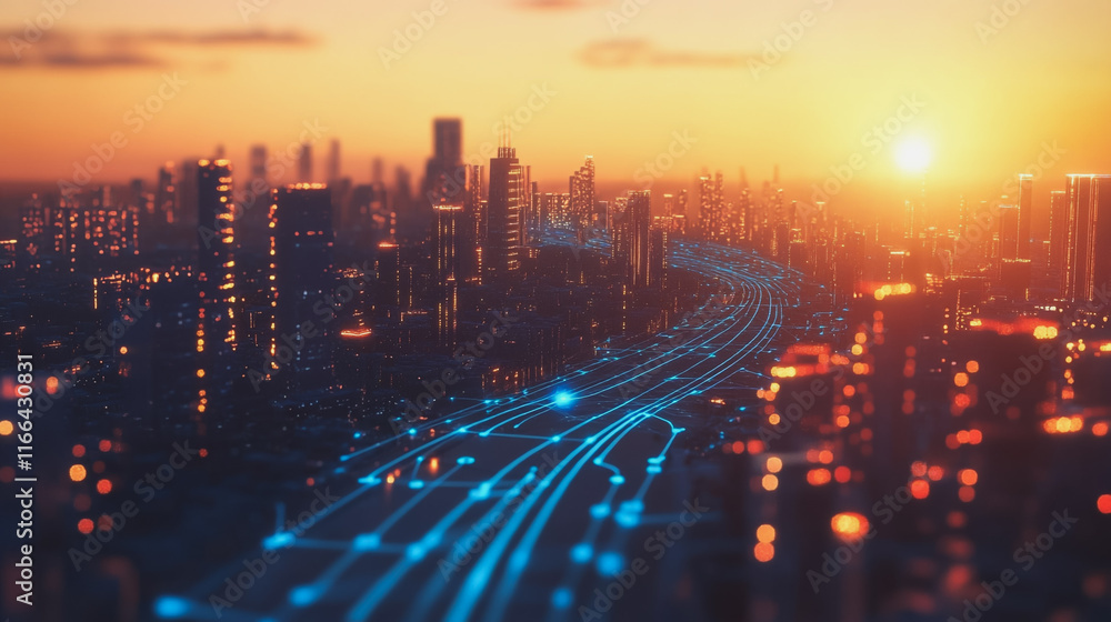 Fototapeta premium Smart Innovation city with connection cyber security network reciprocity over the sunset cityscape future wireless digital city and social media networking systems that connects people in the city