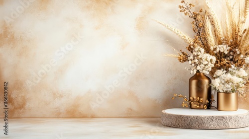 Dried Flowers in Gold Vases on Rustic Wooden Stand. Elegant Autumnal Decor. photo