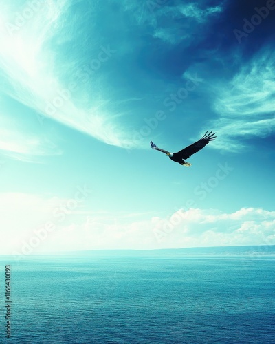 A solitary eagle soars above a tranquil ocean under a serene sky.