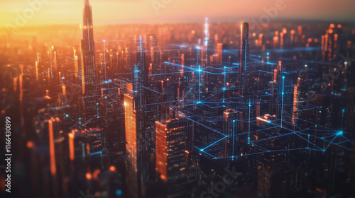 Wallpaper Mural Smart Innovation city with connection cyber security network reciprocity over the sunset cityscape future wireless digital city and social media networking systems that connects people  in the city Torontodigital.ca