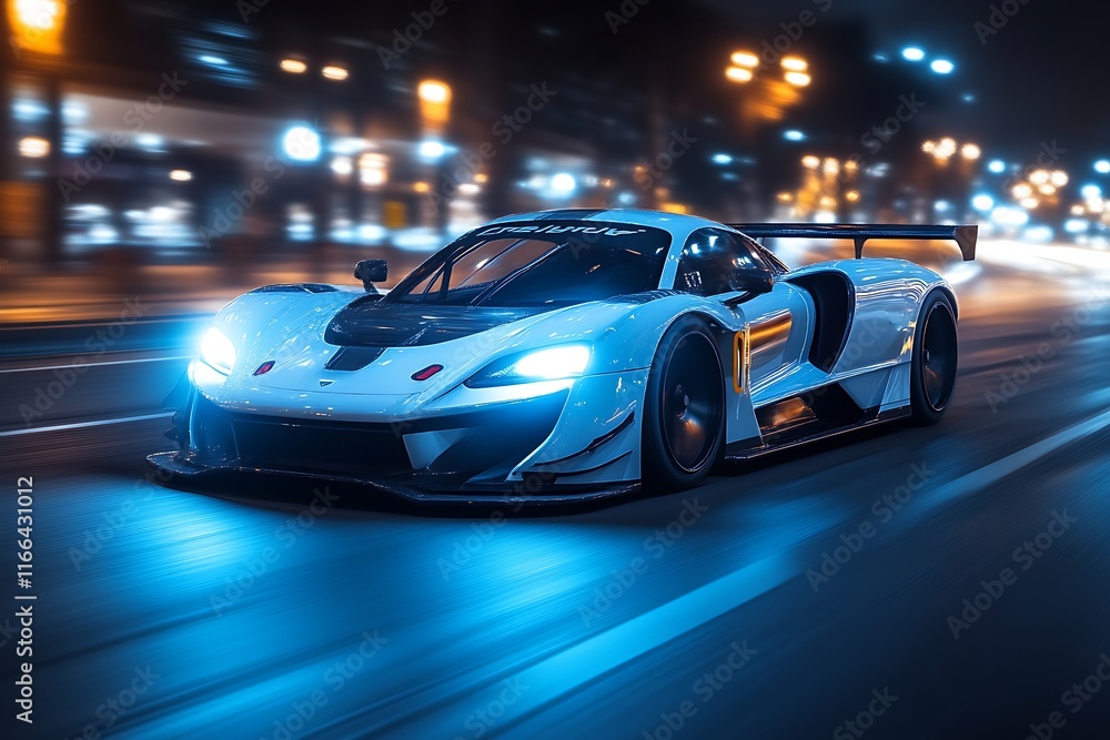Fototapeta premium White sports car speeding at night.