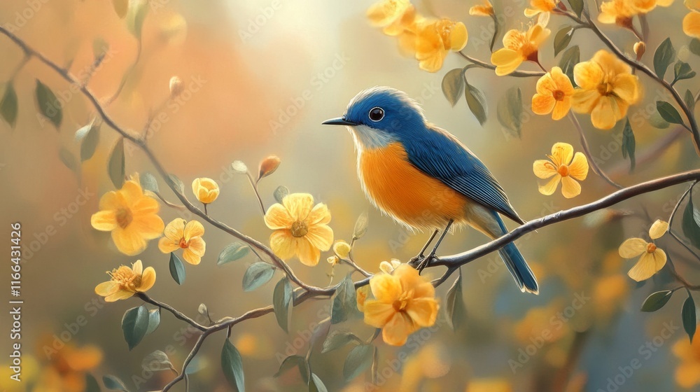 Blue and Yellow Bird Perched on a Branch of Yellow Flowers Blue and Yellow Bird Perched on a Branch of Yellow Flowers