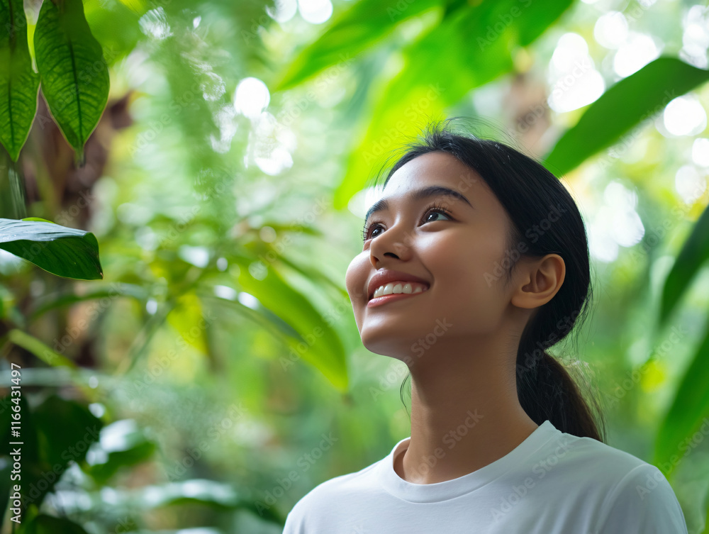 Close-up portrait young woman white T-shirt smiling brightly outdoors lush greenery natural beauty serene lifestyle vibe mockup blank branding advertising marketing lifestyle calm green garden park Close-up portrait young woman white T-shirt smiling brightly outdoors lush greenery natural beauty serene lifestyle vibe mockup blank branding advertising marketing lifestyle calm green garden park