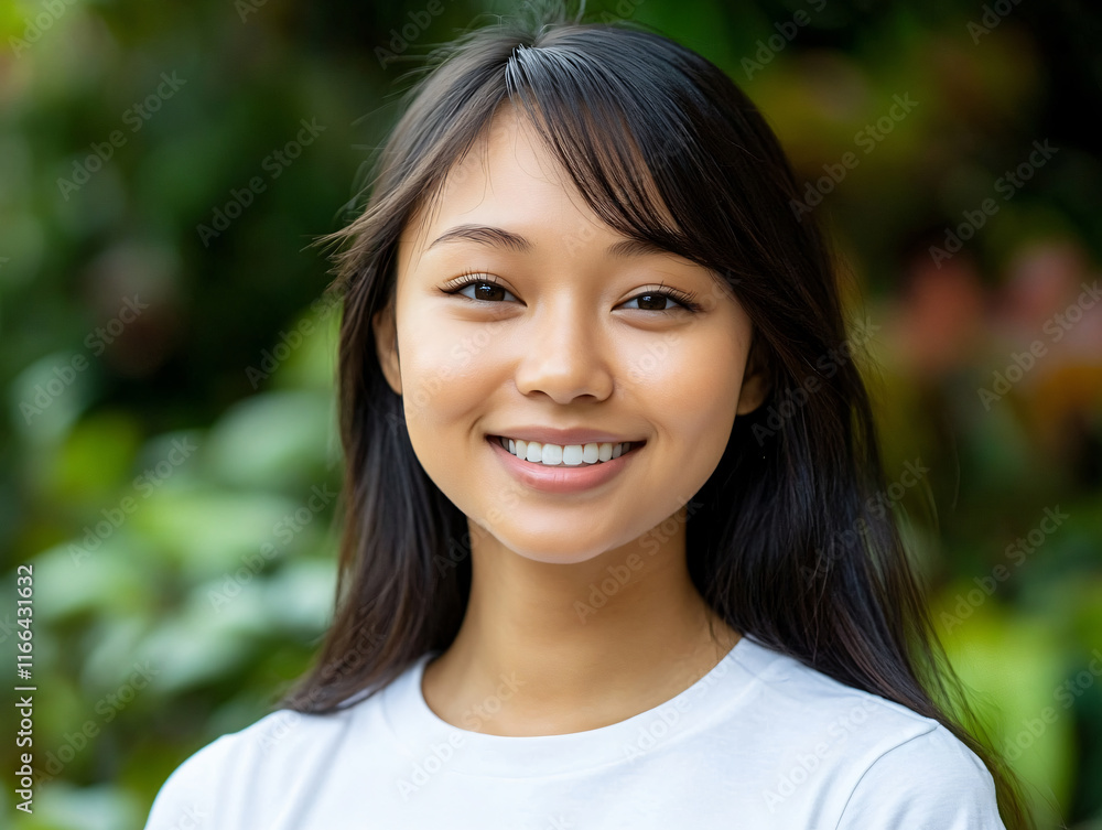 Close-up portrait young woman white T-shirt smiling brightly outdoors lush greenery natural beauty serene lifestyle vibe mockup blank branding advertising marketing lifestyle calm green garden park Close-up portrait young woman white T-shirt smiling brightly outdoors lush greenery natural beauty serene lifestyle vibe mockup blank branding advertising marketing lifestyle calm green garden park