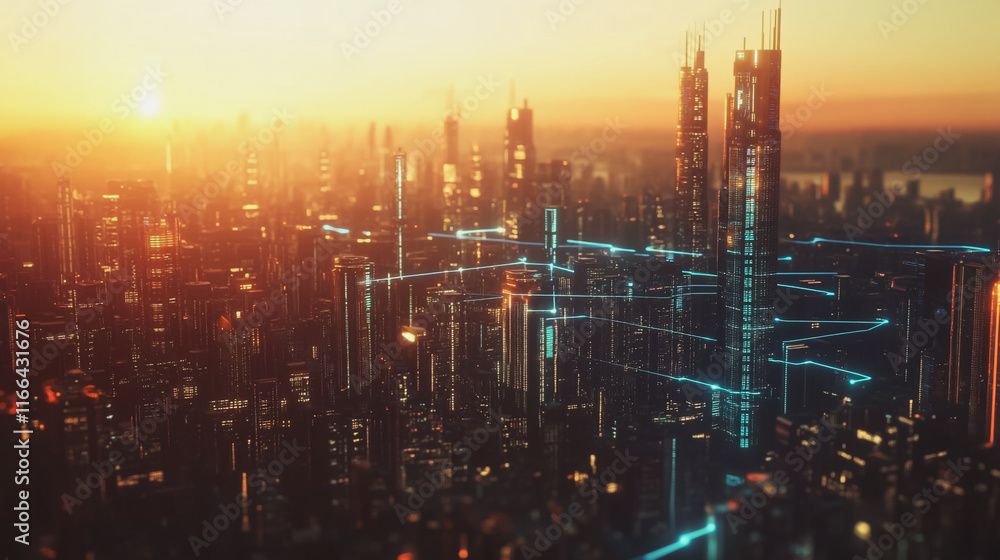 Smart digital Innovation city with connection network reciprocity over the cityscape. of future smart wireless digital city and social media networking systems that connects people with in city Smart digital Innovation city with connection network reciprocity over the cityscape. of future smart wireless digital city and social media networking systems that connects people with in city