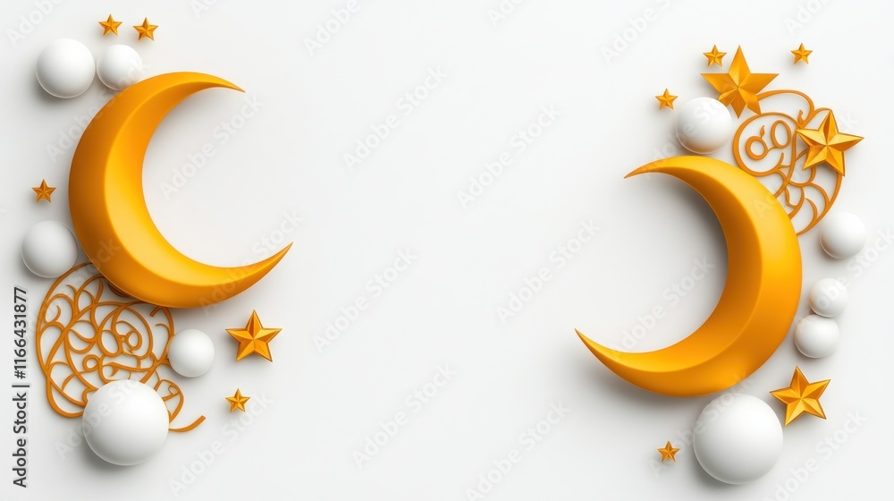Abstract design featuring crescent moons, stars, and spheres. Abstract design featuring crescent moons, stars, and spheres.
